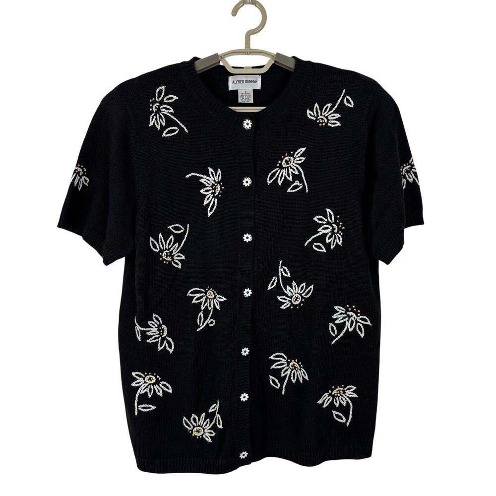 Vintage Alfred Dunner Daisy Embroidered Cardigan Small Black Floral short sleeve